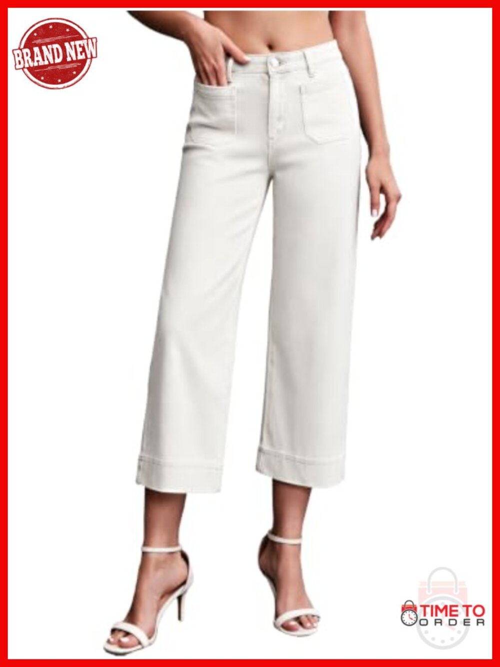 High Waisted Stretchy Wide Leg Cropped Denim Capri Jeans with Pockets